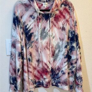 AVA JAMES Women’s Tye Dye Long Sleeve Waffle Knit Hoodie With Drawstring Sz 2X